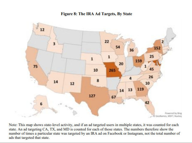 A map showing the number of times ads placed on Facebook and Instagram by the Internet Research Agency targeted each US state, calculated from data provided by the House Permanent Select Committee on Intelligence and the Senate Select Committee on Intelligence.