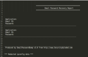 An email-password dump with redacted credentials and ipconfig data.