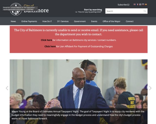 A screenshot of Baltimore's website. Email and phone services are still not working for most city employees, and some services are functioning through manual workarounds.