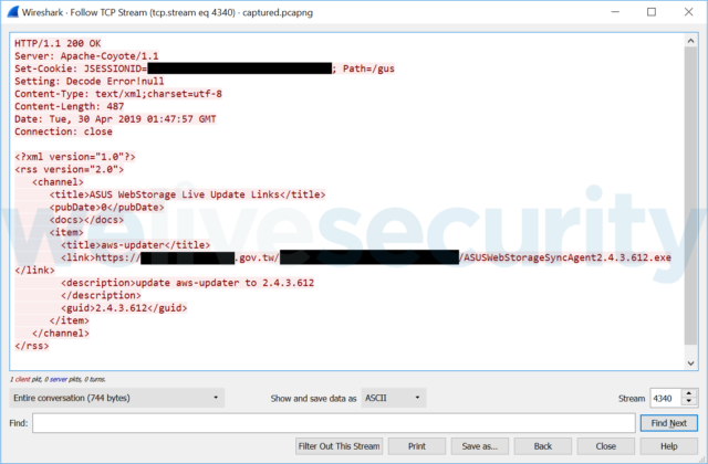 A captured communication during a malicious update of the ASUS WebStorage software.