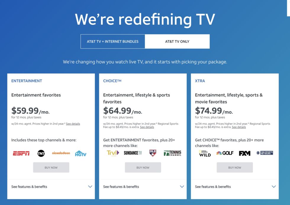 Prices for several AT&amp;T TV channel packages.