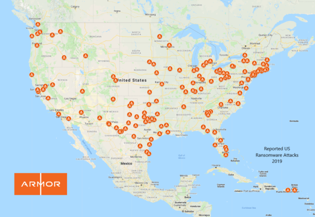 A map of reported US ransomware attacks this year provided by Armor,