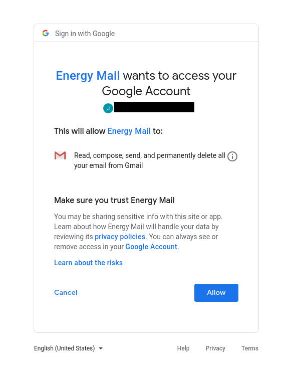 Authorization screen for “Energy Mail,” an OAuth-based app that, if approved, could bypass 2FA protections.