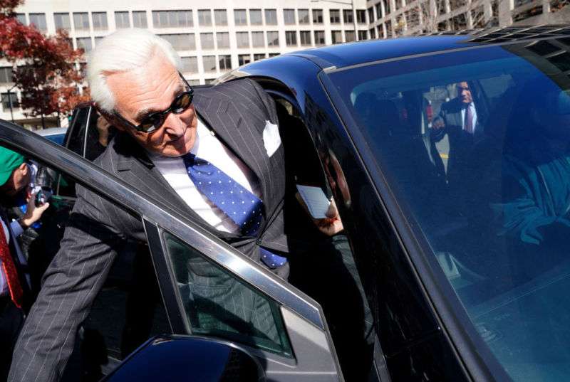 WASHINGTON, DC - NOVEMBER 15: Former adviser to US President Donald Trump, Roger Stone departs the E. Barrett Prettyman United States Courthouse after being found guilty of obstructing a congressional investigation into Russia’s interference in the 2016 election on November 15, 2019 in Washington, DC. Stone faced seven felony charges and was found guilty on all counts.