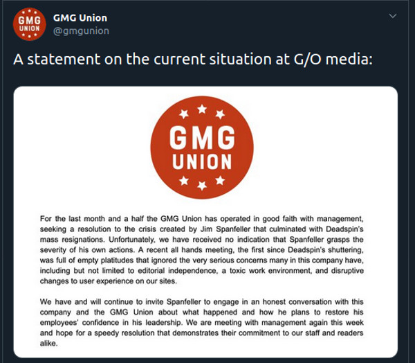 A post from GMG Union, the union representing employees of the former Gizmodo Media Group (now G/O Media). Things are a little tense.