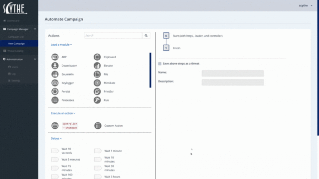 The Scythe campaign console allows security testers to build a custom malware campaign against their organization.