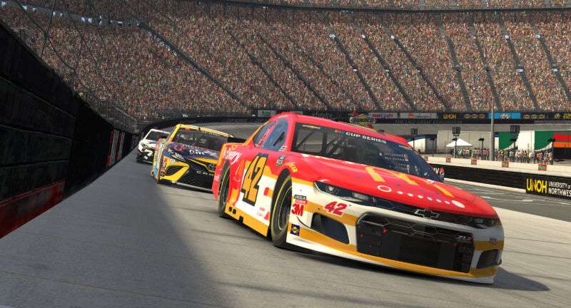 Kyle Larson, driver of the #42 McDonald's McDelivery Chevrolet, races at a virtual Bristol Motor Speedway on April 5. 