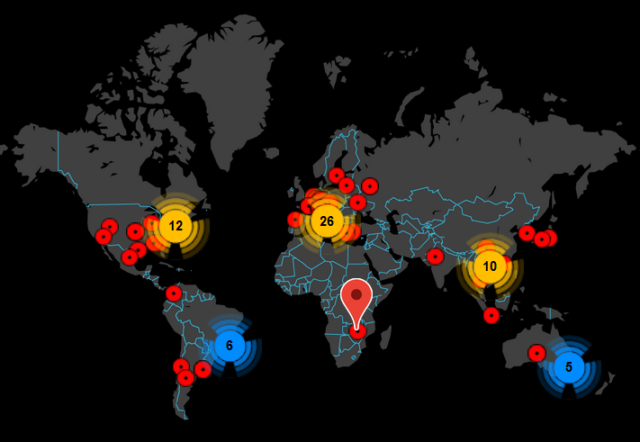 A map showing where Emotet hit on Friday.